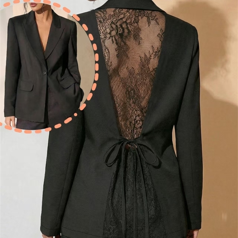Elegant Lace Patchwork Blazer Women Fashion Notched Collar Long Sleeve One-button Perspective Sexy Versatile Suit261016