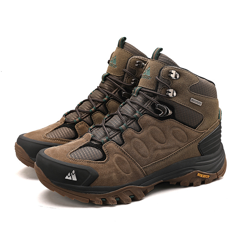 Men Brown High Top Hiking Boots Winter Outdoor Lace Up Waterproof Shockproof Non Slip Trekking Mountain Climbing Boots