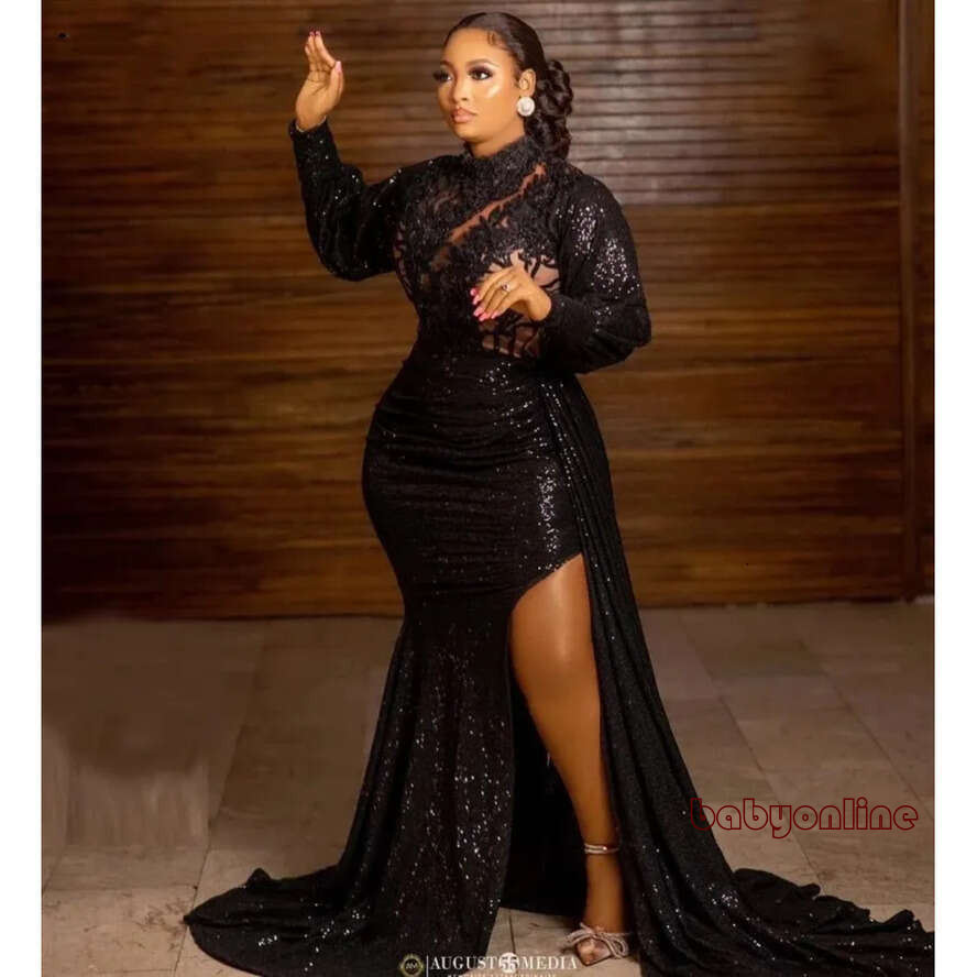Plus Size Black Sequins Prom Dresses For African Women High Neck Long Sleeve Applique Formal Birthday Party Evening Gowns Abendkleider Mal
