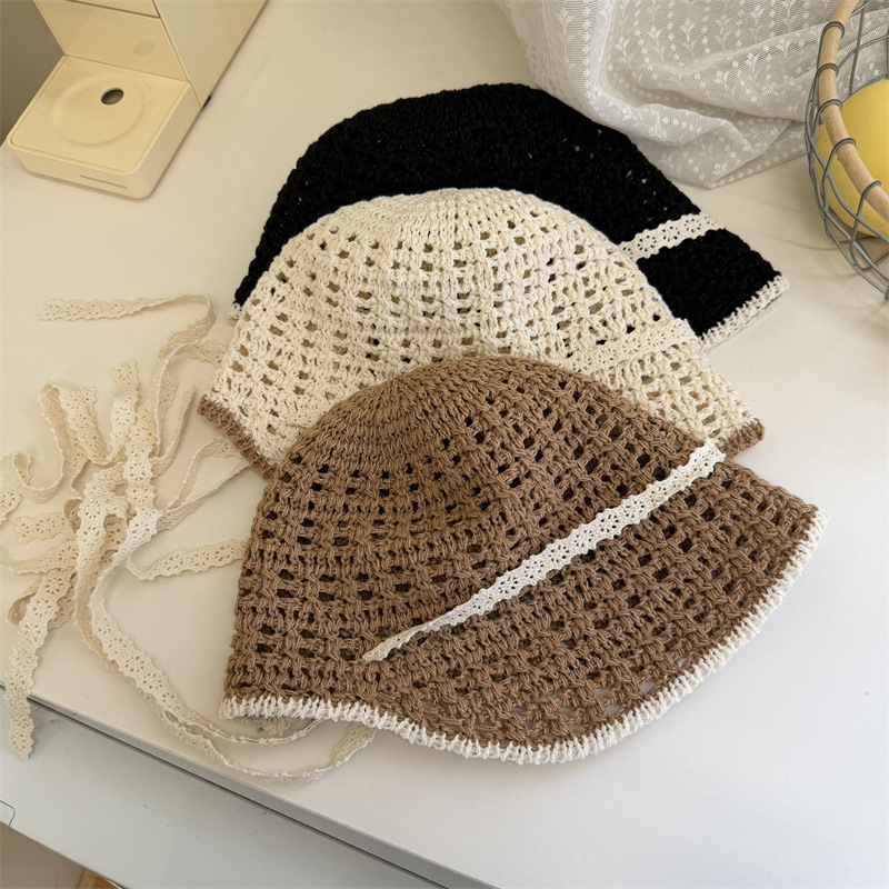 2026 New Knitted Hollow LaceUp Bucket Women Summer Hat Face Slimming Sun Protection Hat for Travel