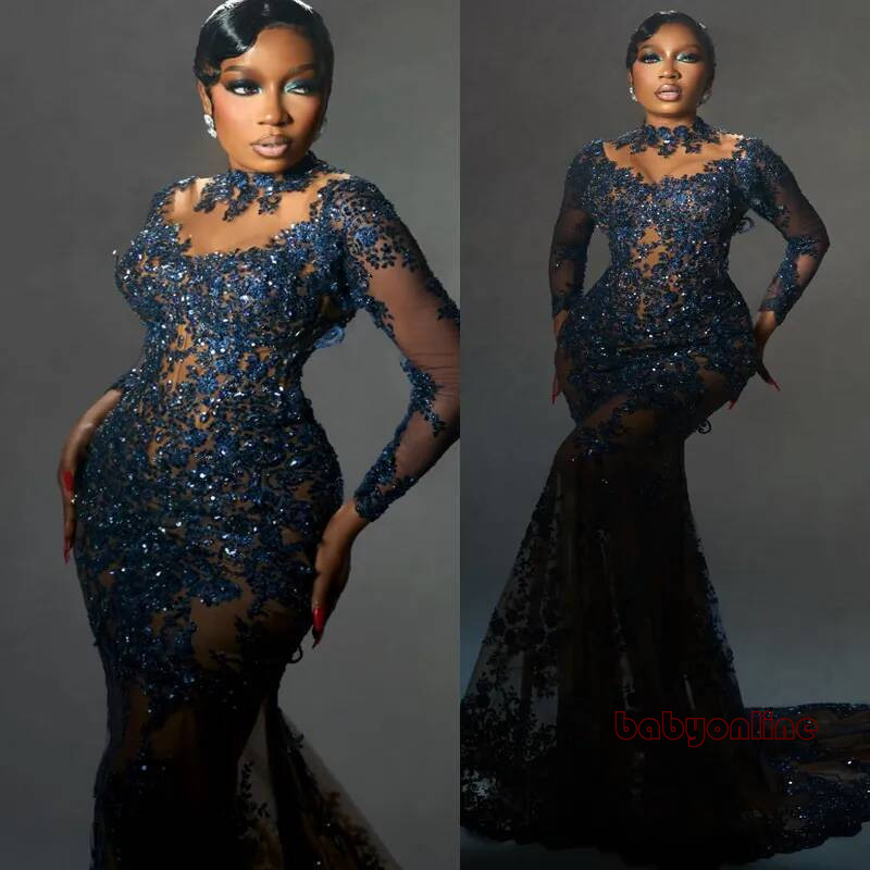 Plus Size Dark Navy Mermaid Prom Dress Evening Dresses Formal Gowns High Neck Long Sleeves Pleated Beaded Lace Crystals Birthday Second Reception Go