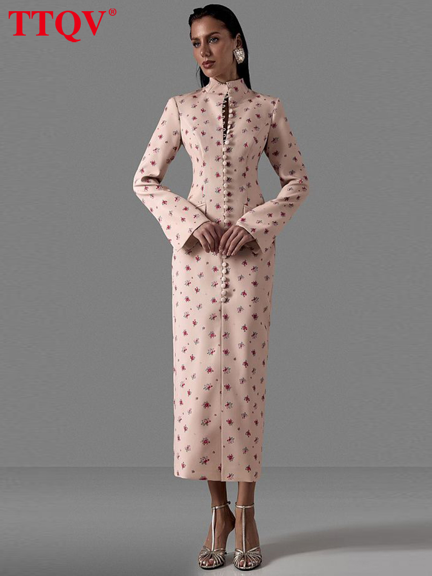 Fashion Slim Print Women's 2026 Vintage Stand Collar Long Sleeve Midi Dresses Elegant Classic Slit Femlae Dress