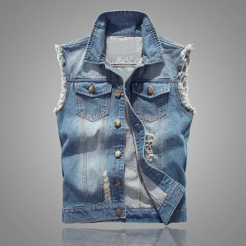 Summer Mens Ripped Denim Vest Male Tank Top Washed Jeans Waistcoat Man Retro Cowboy Hip Hop Sleeveless Jacket for Men 261015