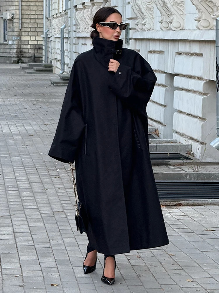 Black Stand Collar Trench Maxi Coat Women Long Sleeve Single-breasted Loose Long Windbreaker 2026 Lady High Street Outwears 261015