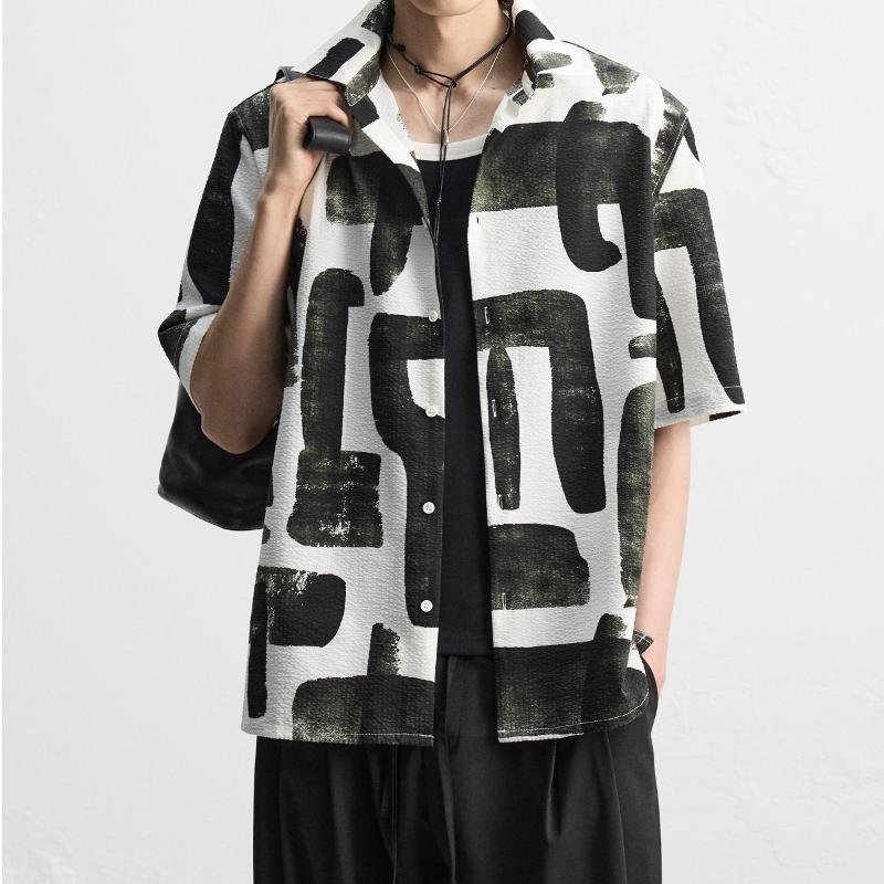 High-Quality Designed Men's Black-Grey Graffiti Print Seersucker Short-Sleeve Loose Collared Button-Down Casual Shirt, Summer Streetwear