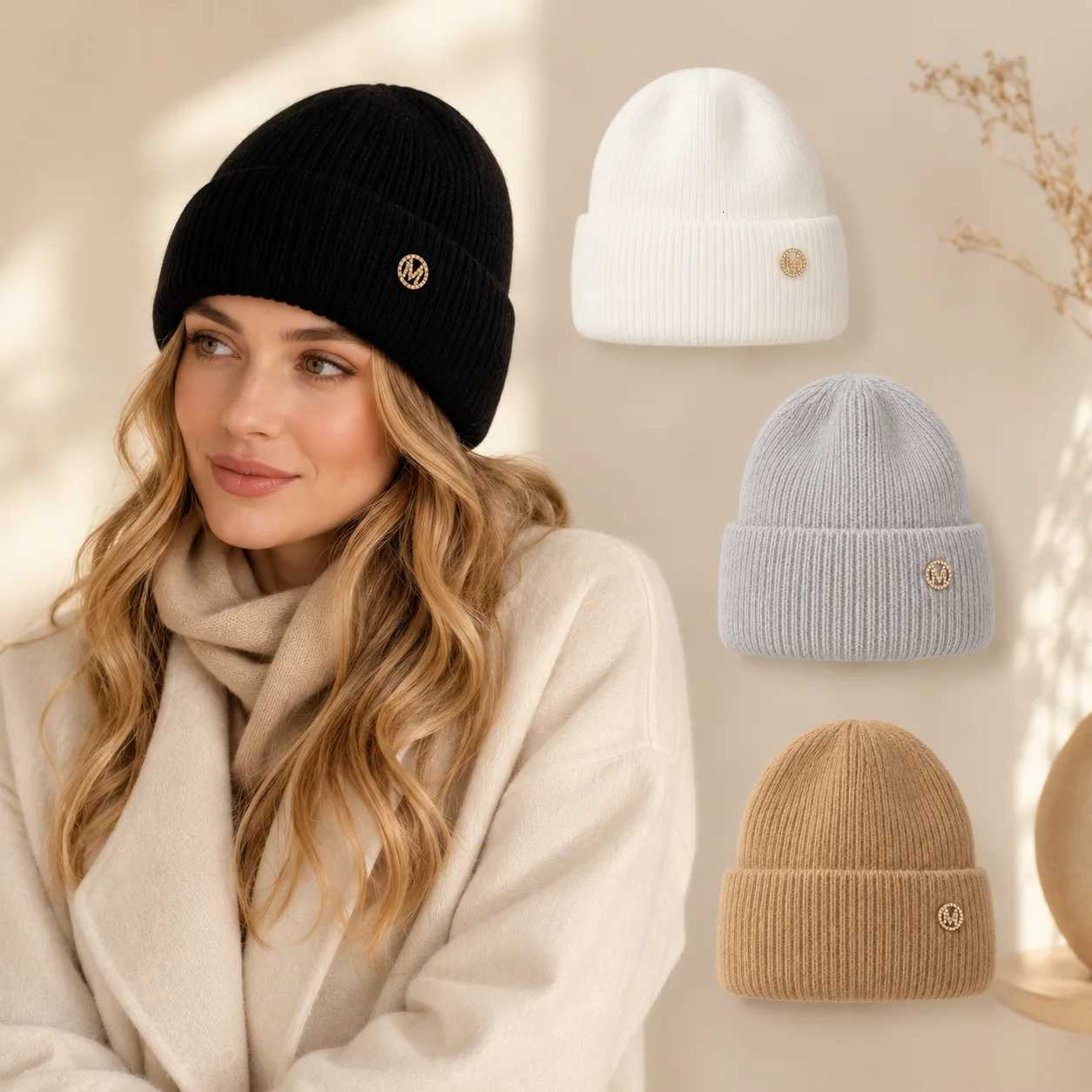 Beanie/Skull Caps Casual Winter Knitted Nobrim Beanie Solidcolor Woolen Yarn Hat M Badge Warm Windresistant Dailyuse Headwear Cap Q261017