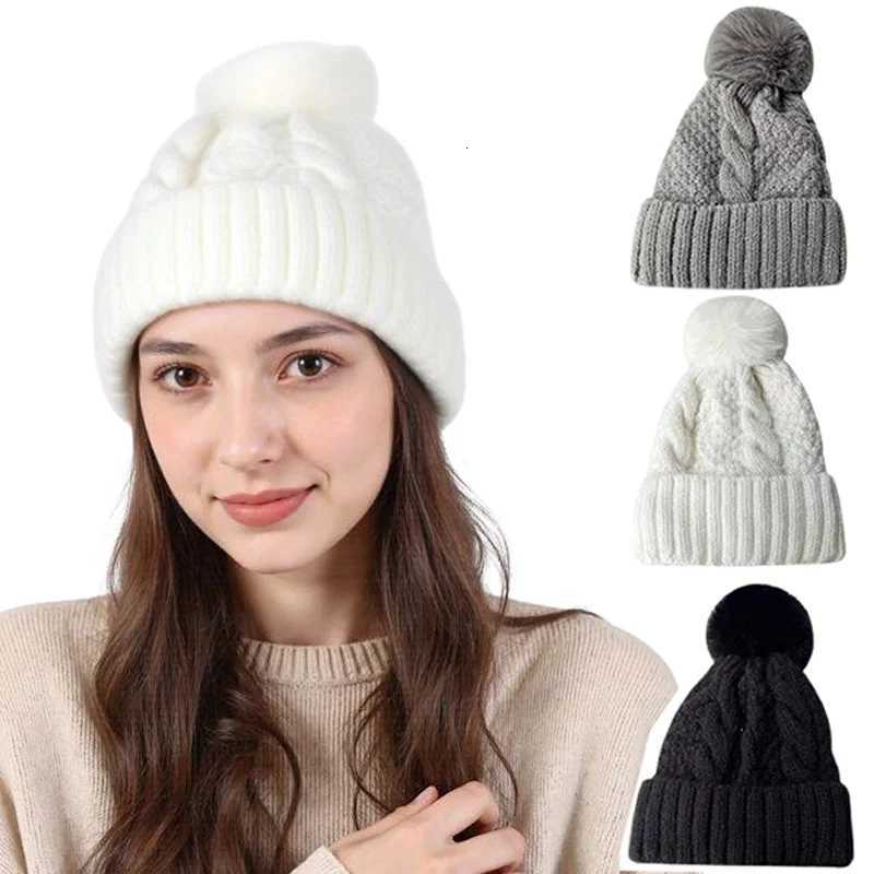 Beanie/Skull Caps Hot Women Winter Knitted Beanie Hat Soft Faux Fur Pom Hat Twist Cable Knit Warm Skull Cap Outdoor Cold Weather HeadwearT261017