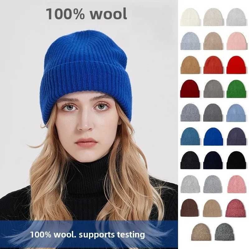 Beanie/Skull Caps 100% Merino Wool Knitted Beanie Solid Color Unisex Thickened Warm Double Fold Over Slouchy Cold Weather Hat For Men And Women Q261