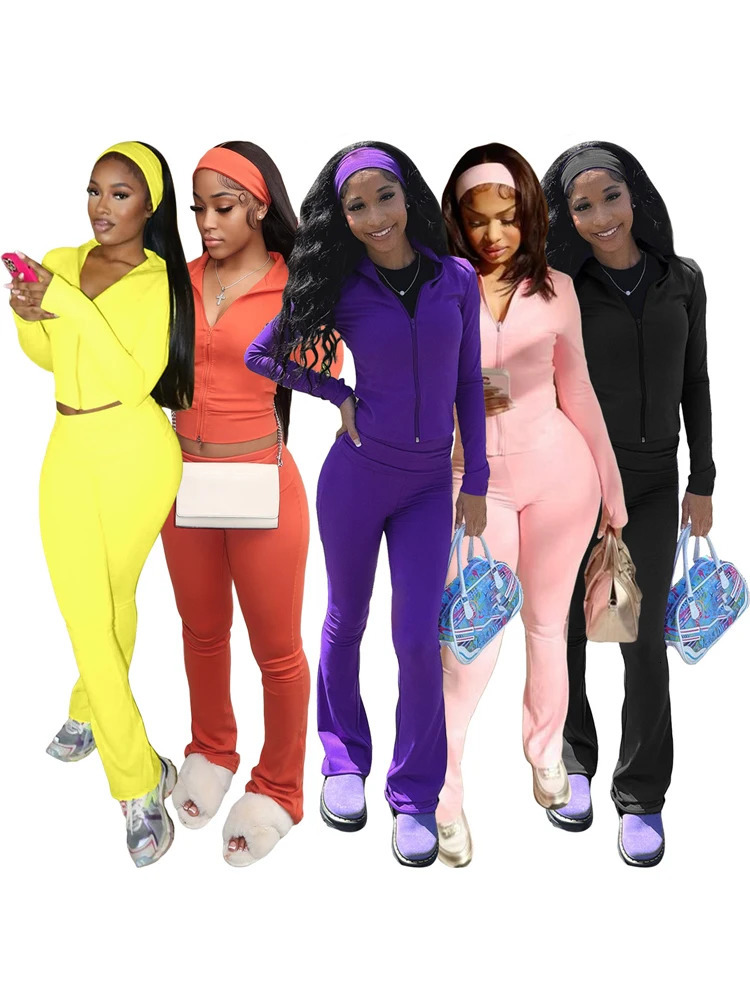 JENYAGE Women 3 Piece Tracksuit Set Soft Stretchy Zip Crop Jacket High Waist Flare Pants Headband Casual Sport Matching Outfit 261016