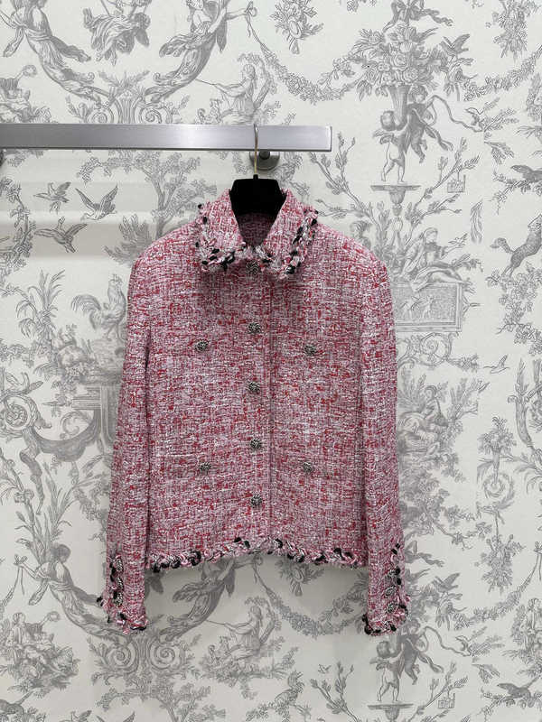 Women's Jackets Designer autumn and winter new short, pink tweed jacket with small design, featuring notched collar and metal buttons