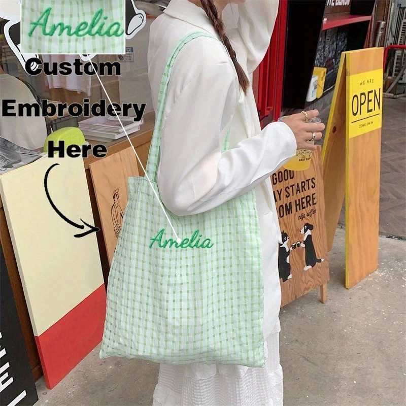 Evening Bags Custom Embroidery Name Tote Bag Women Plaid Canvas Shoulder Bag Large Capacity Shopping Bag Casual Daily Handbag Gift H261016