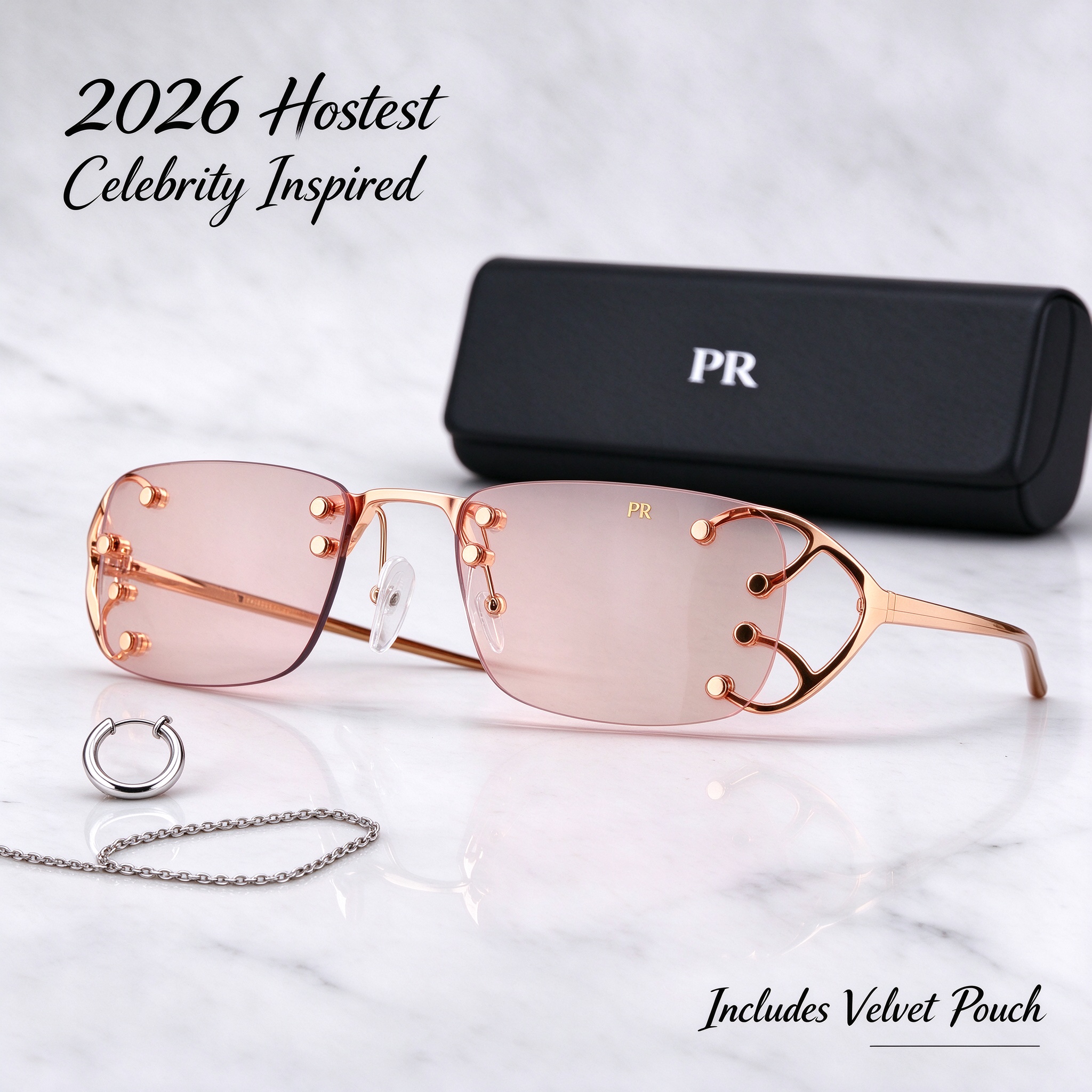 Designer Sunglasses Pink Lens Rimless Square Vintage Metal Frame Womens Mens Fashion Luxury Eyewear Eyeglasses Outdoor Shades Polarized UV400 Protec
