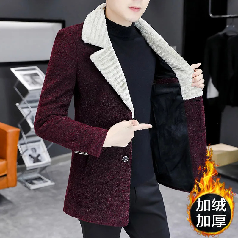 Korean Winter Woolen Jackets Men Lapel Plush Thicken Wool Blends Jacket Long Casual Business Trench Coat Streetwear Overcoat 261016