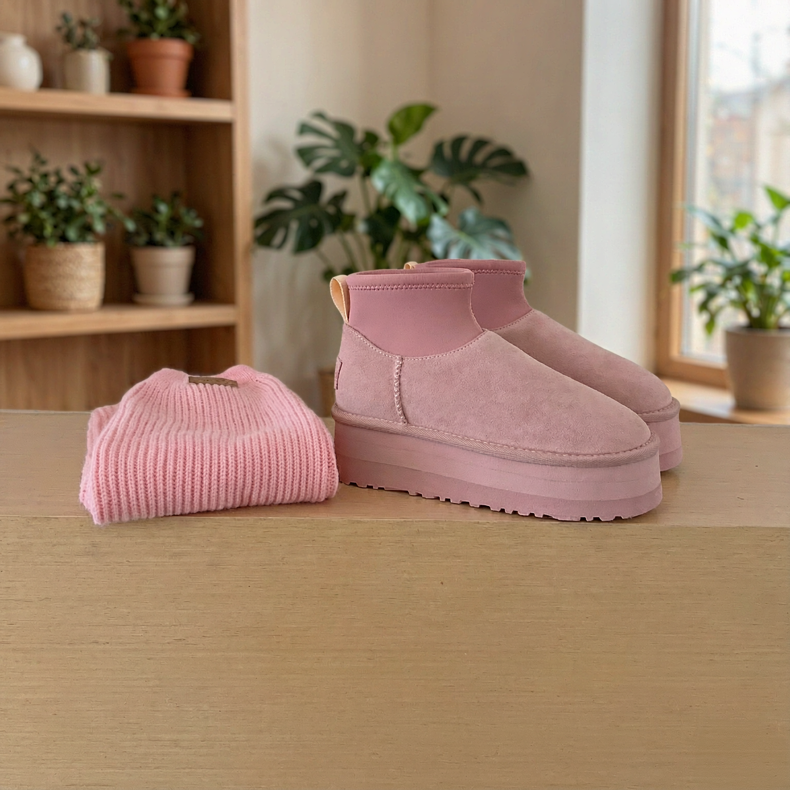 Women's Platform Snow Boots Suede Faux Fur Lined Ankle Booties Chunky Sole Winter Warm Slip-On Shoes Knit Cuff Casual Outdoor Pink Brown Black