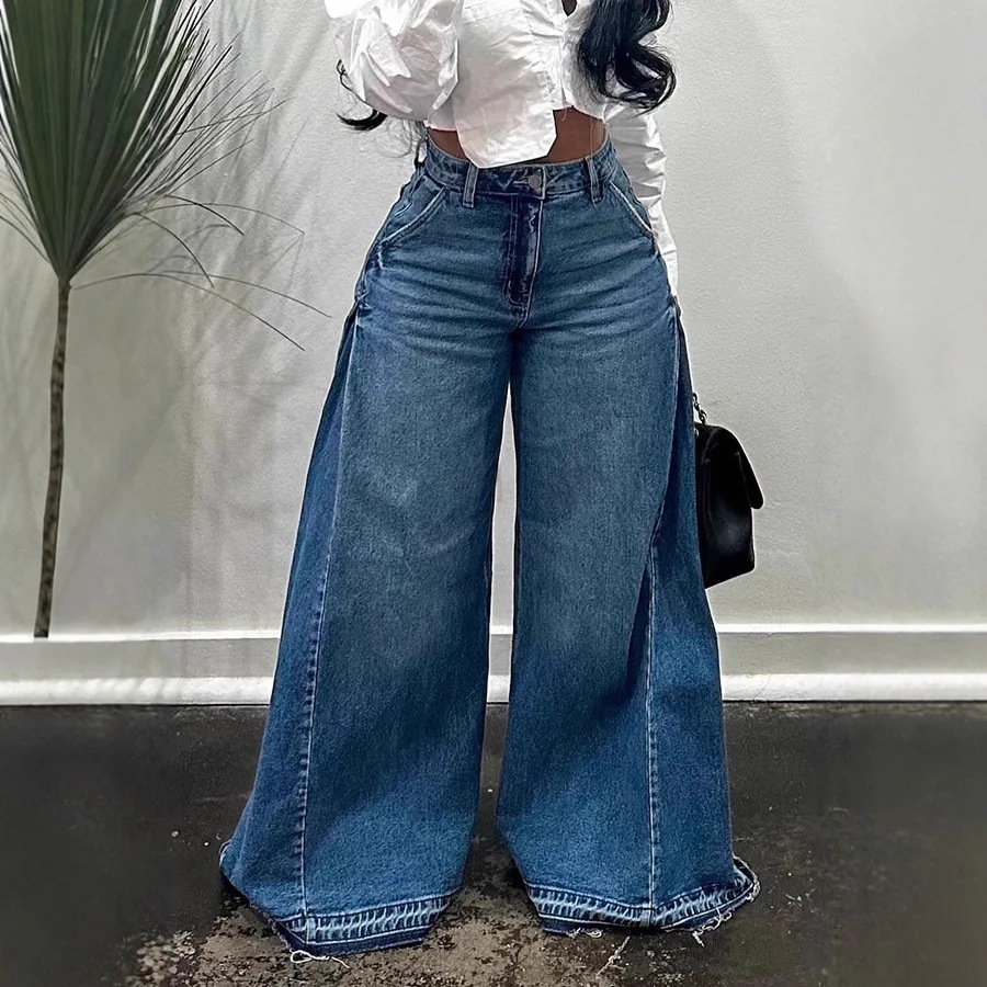 Women Y2K Wide Leg Flared Jeans Washed Patchwork Tassel Detail Floor Length Denim Pants Casual Street Style Trendy Daily Wear Long Trousers For Ladi