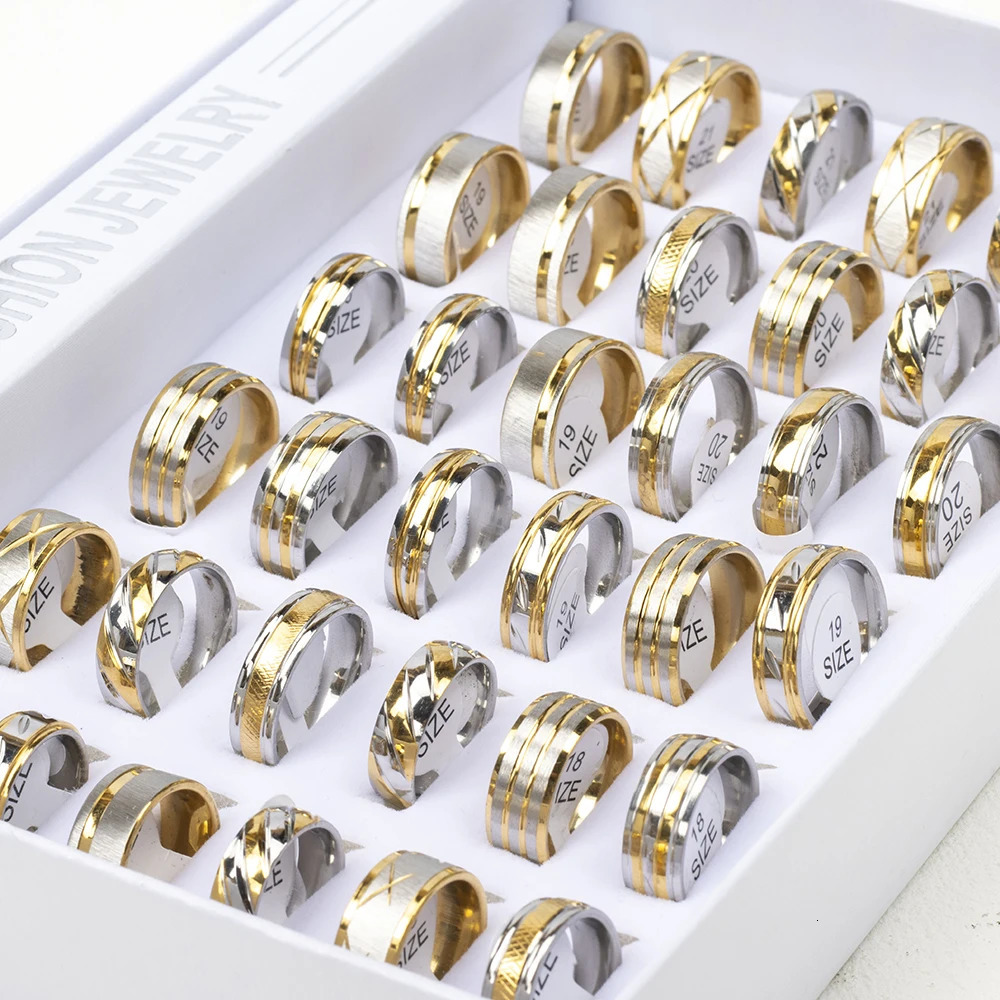 Wholesale 24pcslot Fashion High Quality Stripe Stainless Steel Gold Silver Plated Rings Jewelry For Women Men Mix Style Party 261017
