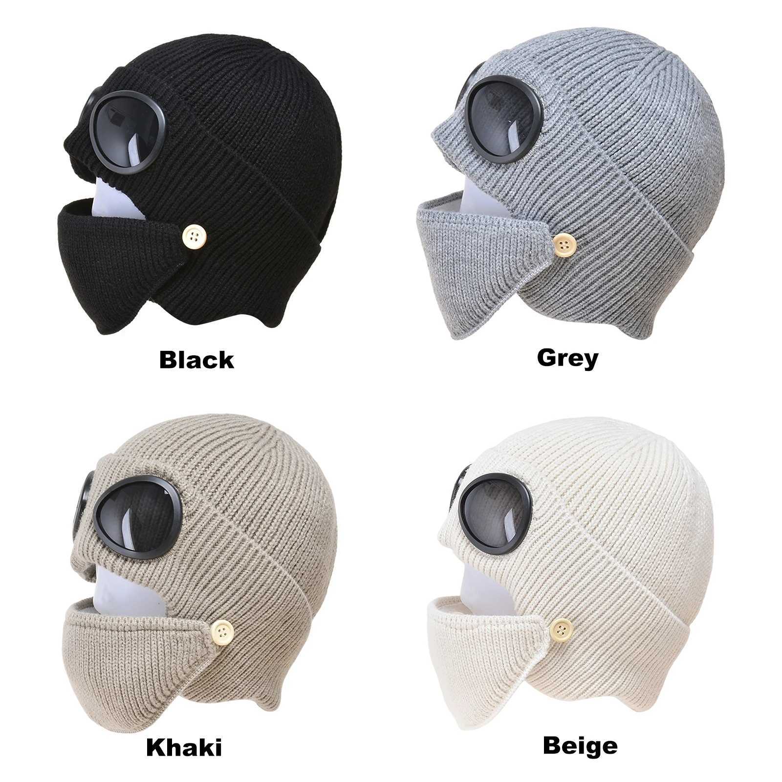 Pilot Style Beanie with Removable Mask Built-in Goggles 3-in-1 Cold Weather Thick Warm Knit Hat Men Women S261017L1O8