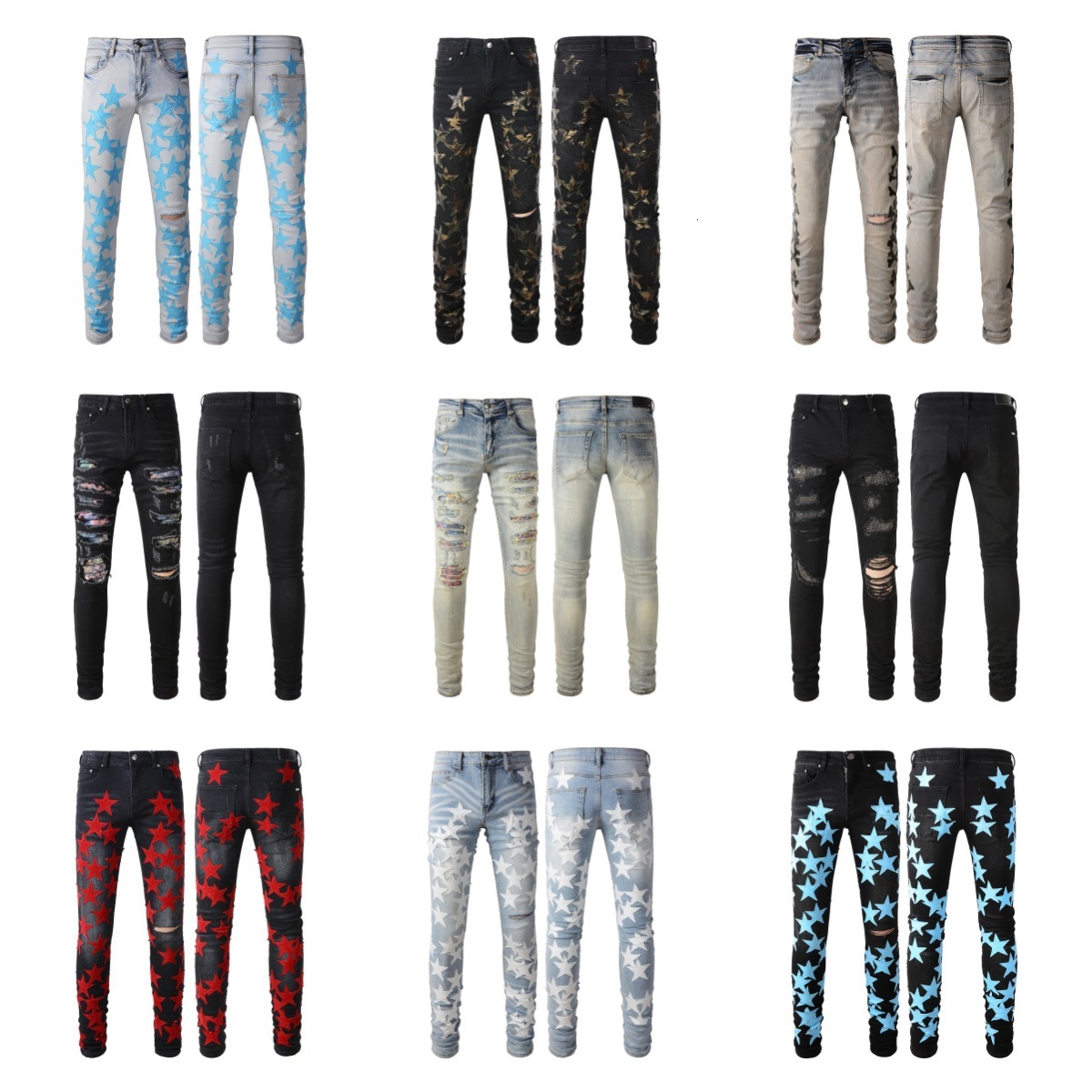 Men's Skinny Star Print Jeans, Distressed Ripped Stretch Denim Pants, Vintage Washed Slim Fit Trousers, Streetwear Hip Hop Casual Pants for Men