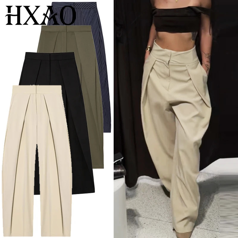 HXAO Striped Baggy Pants Women's Pants Autumn Elegant Pleated Wide Leg Oversized Trousers Ladies Fashion High Waist Pants 261015