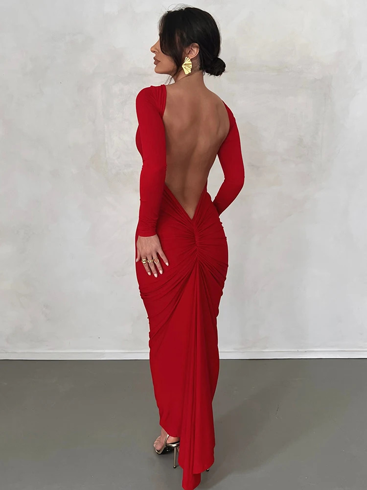 Hugcitar Women Fashion Long Sleeves Backless Draped Sexy Slim Maxi Dress Spring Elegant Streetwear Party Club Y2K Outfit 261015