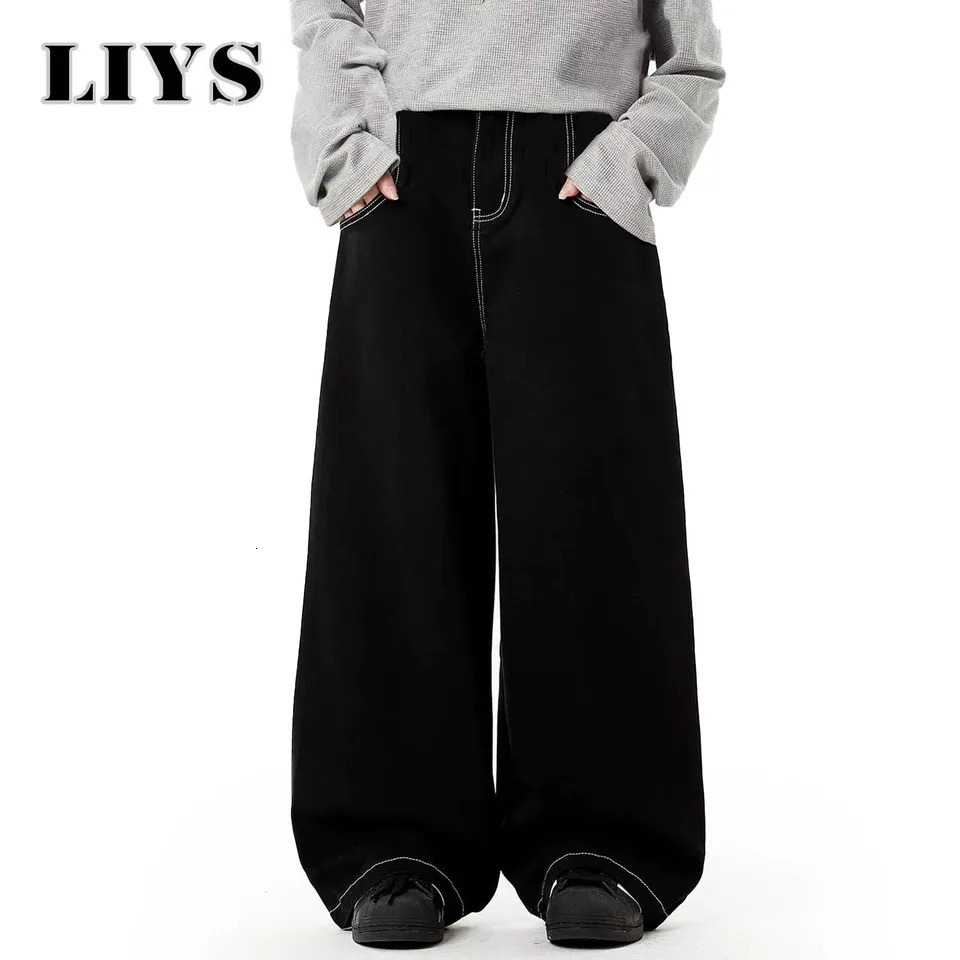 Spring Summer Men's Retro Black Baggy Wide Leg Jeans American Basic Unisex Daily Casual Denim Pants Women's Black Stacked Jeans 261016