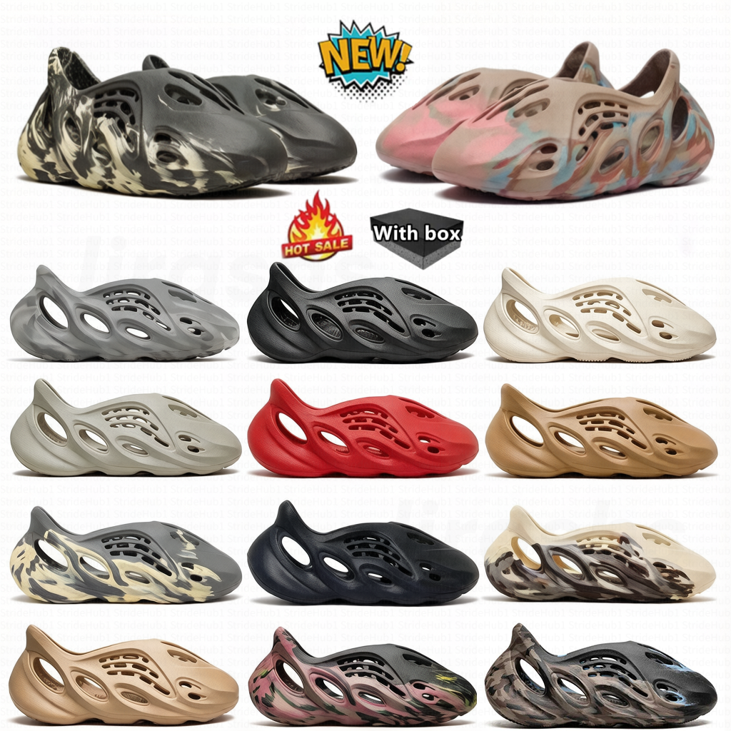 With Box Designer Slides Foam Runner Sand Beach Slippers Men Women Outdoor Black Onyx Pure Black Pure Sand Bone Stone Slate Grey Mineral Resin Slipp