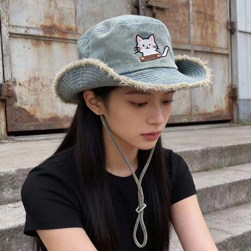 Cute Embroidered Kitten Washed Denim Fisherman for Women Large Head Circumference Face Slimming Hiking Hat Sun Protection Bucket Hat