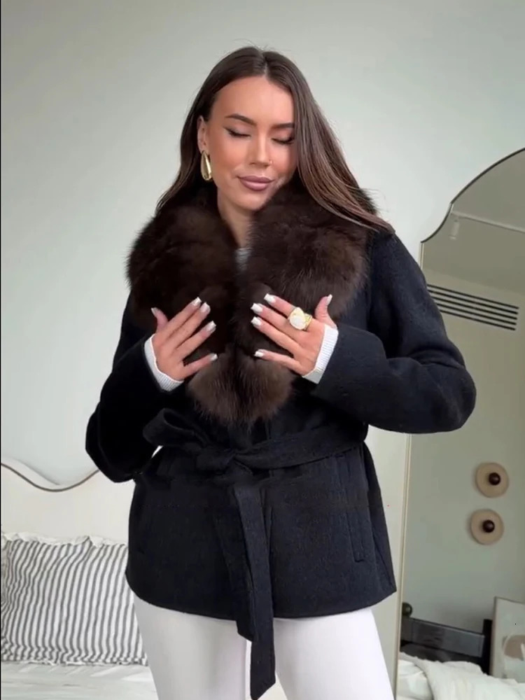 Brown Faux Fur Collar Wool Blend Belted Long Coats Wrap Elegant V Neck Long Sleeve Jackets 2026 Winter Casual Office Outwear 261016