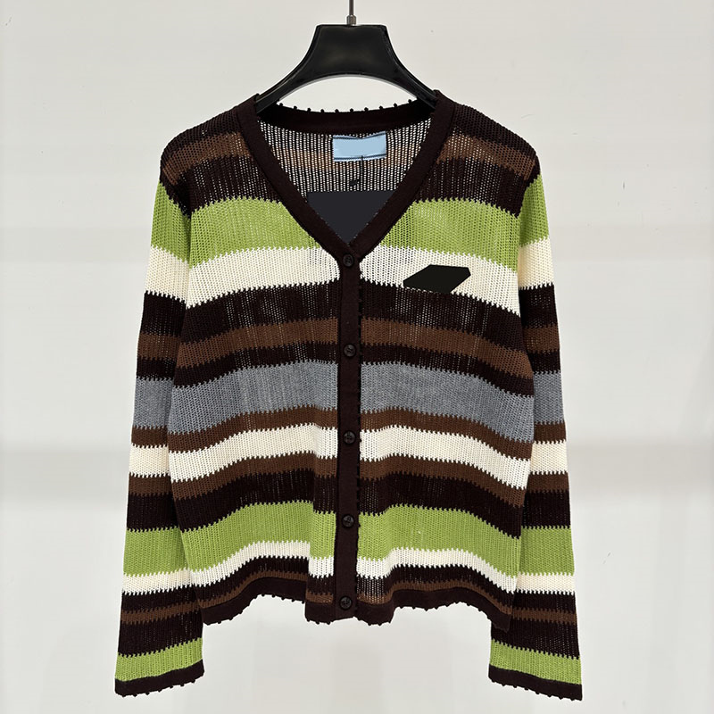 Brand Chic Women Retro Sweater Designer Color Block Oversize Fit Striped Knit Sweater Autumn Resort Vacation Cozy Thin Cardigan