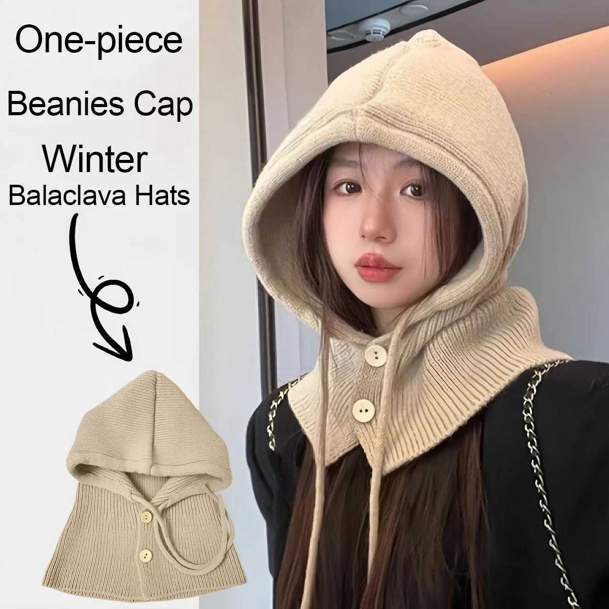 Beanie/Skull Caps Knitted Hooded Caps Winter Balaclava Hats for Women Korean Style Outdoor Warmer Drawstring Hat One-piece Neck Collar Beanies Cap Q