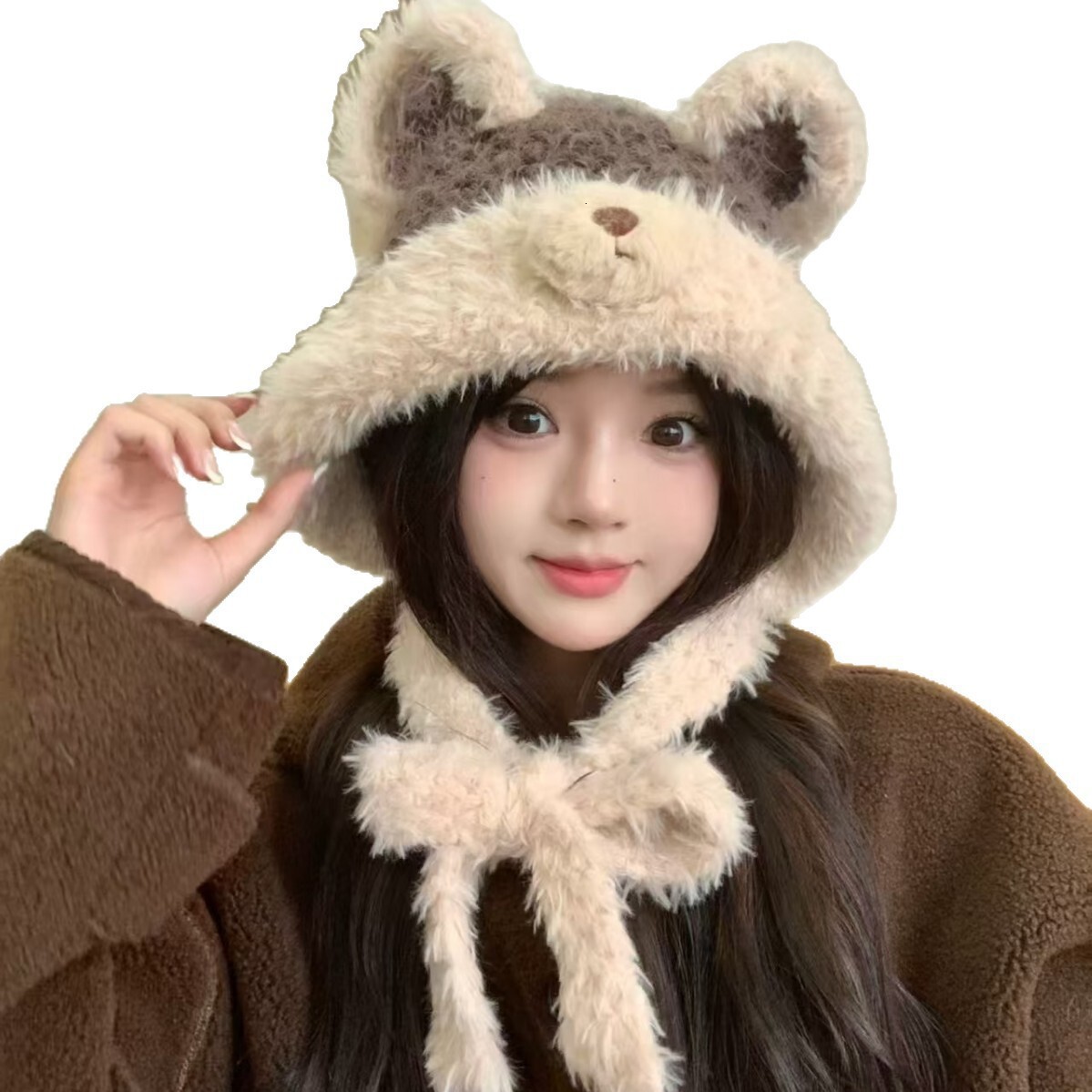 Cute Bear Plush Earflap Autumn Winter Women's Warm Fashion Knitted Pure Knit Braided Lei Feng Hat