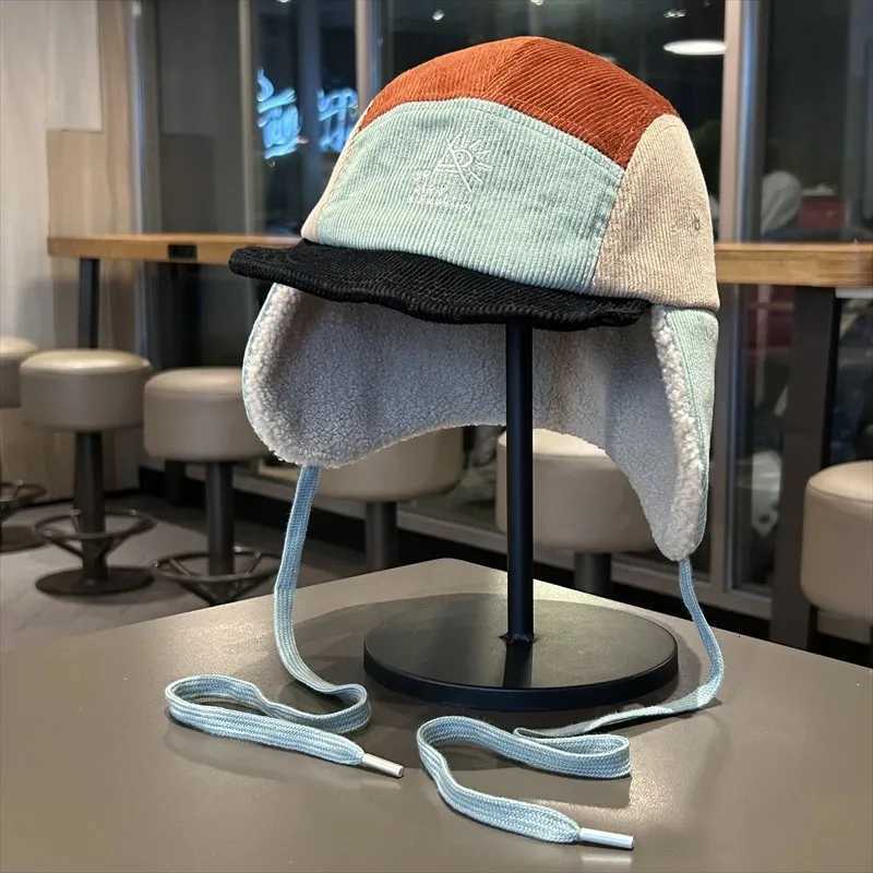 Trapper Hats Korean Retro Contrast Lace-up Pilot Caps for Women Autumn and Winter Outdoor Skiing Warm Versatile Leisure Bomber Hats MenT261017