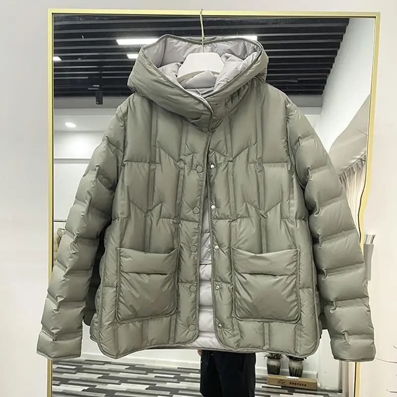90% White Duck Down Women Down Jackets Female Stand Collar Single-Breasted Puffer Jacket Casual Loose Hooded Parkas 261014
