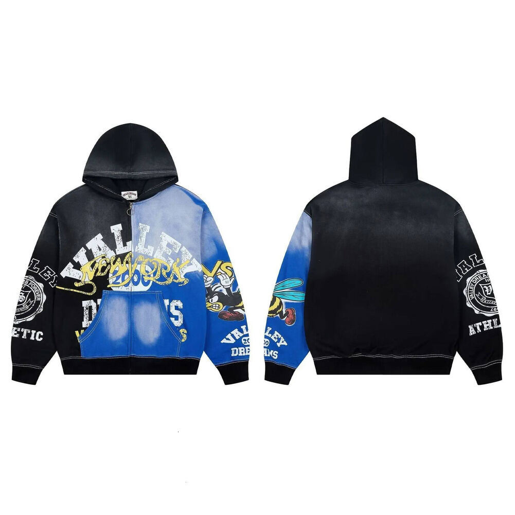 Vallshirt Hoodie Vintage Graphic Zip Up Designer For Men Women Unisex Washed Black White Pullover Loose Sweatshirts Retro Vale Dream Jacket 511