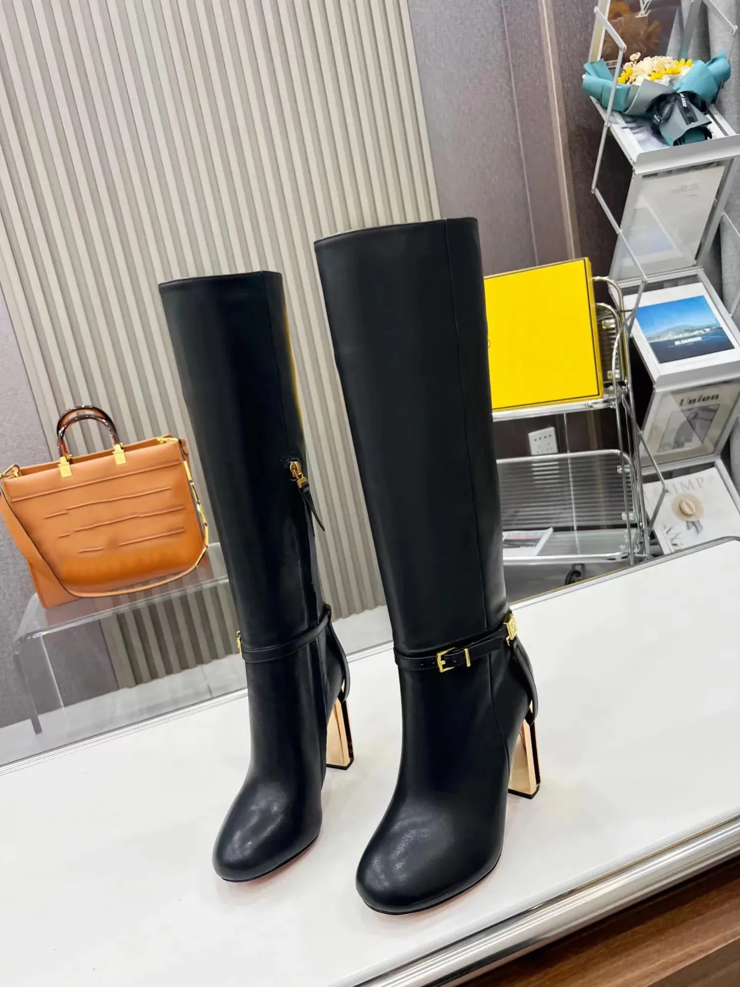 Delfina bottes designer de luxe femmes bottes à talons hauts en cuir marron mode bottes hautes de haute qualité taille 35-42