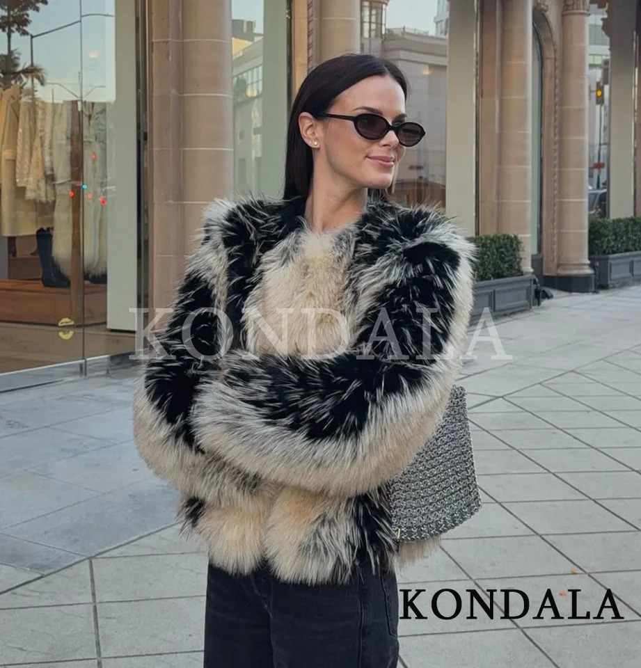 KONDALA Women High Street Fur Coat Trendy Contrast Jacket O-Neck Faux Fur Jacket Coat Fall Winter Fashion Female Retro Coat 261015
