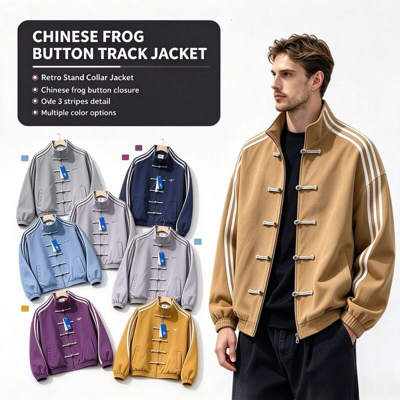 New Chinese-style high-end stand-up collar baseball jacket, three-stripe design, traditional Chinese knot buttons, casual outerwear for men, suitabl