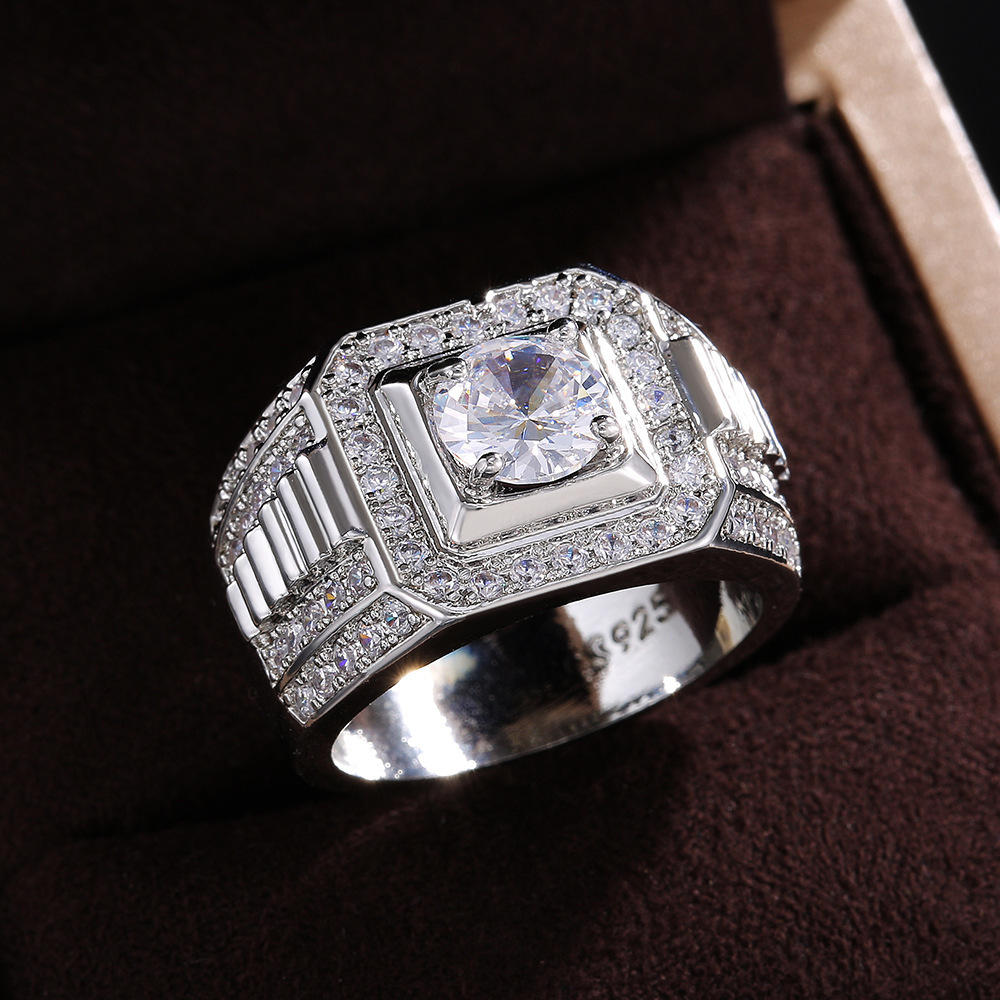 Huitan Wish Hot-Selling Luxury Men's Ring, European And American Style, Silver Plated With 18K White Gold, Simulated Zircon Jewelry Wholesale