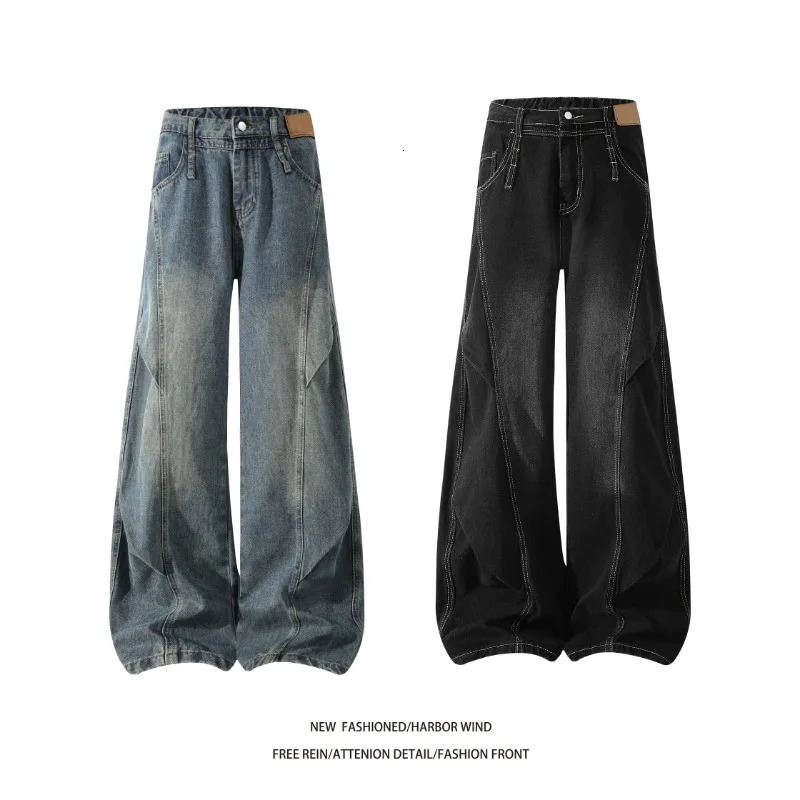Men 2026 American Style Wide Leg Scimitar Jeans Contrast Stitch Spliced Pleated n Loose Casual Long Denim Pants For Male 261017