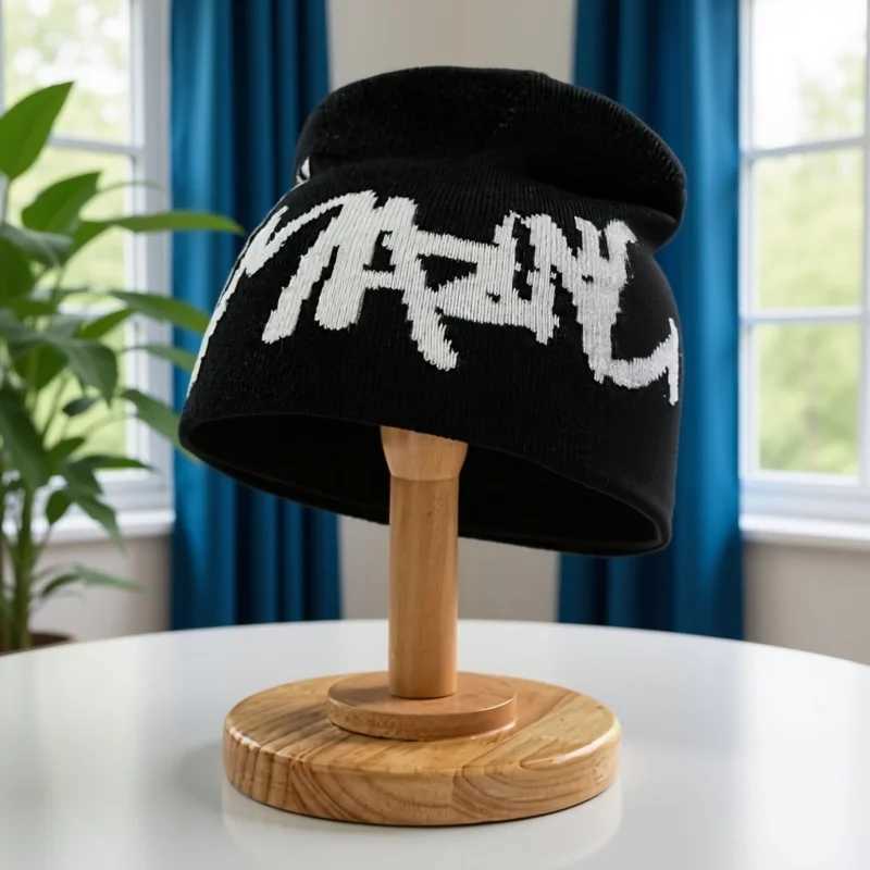 Unisex Y2K Jacquard Bold Brushstroke Letter Knit Beanie Hat Women's Hip Hop Street Punk Devil Horn Brimless Hat S2610172ETR