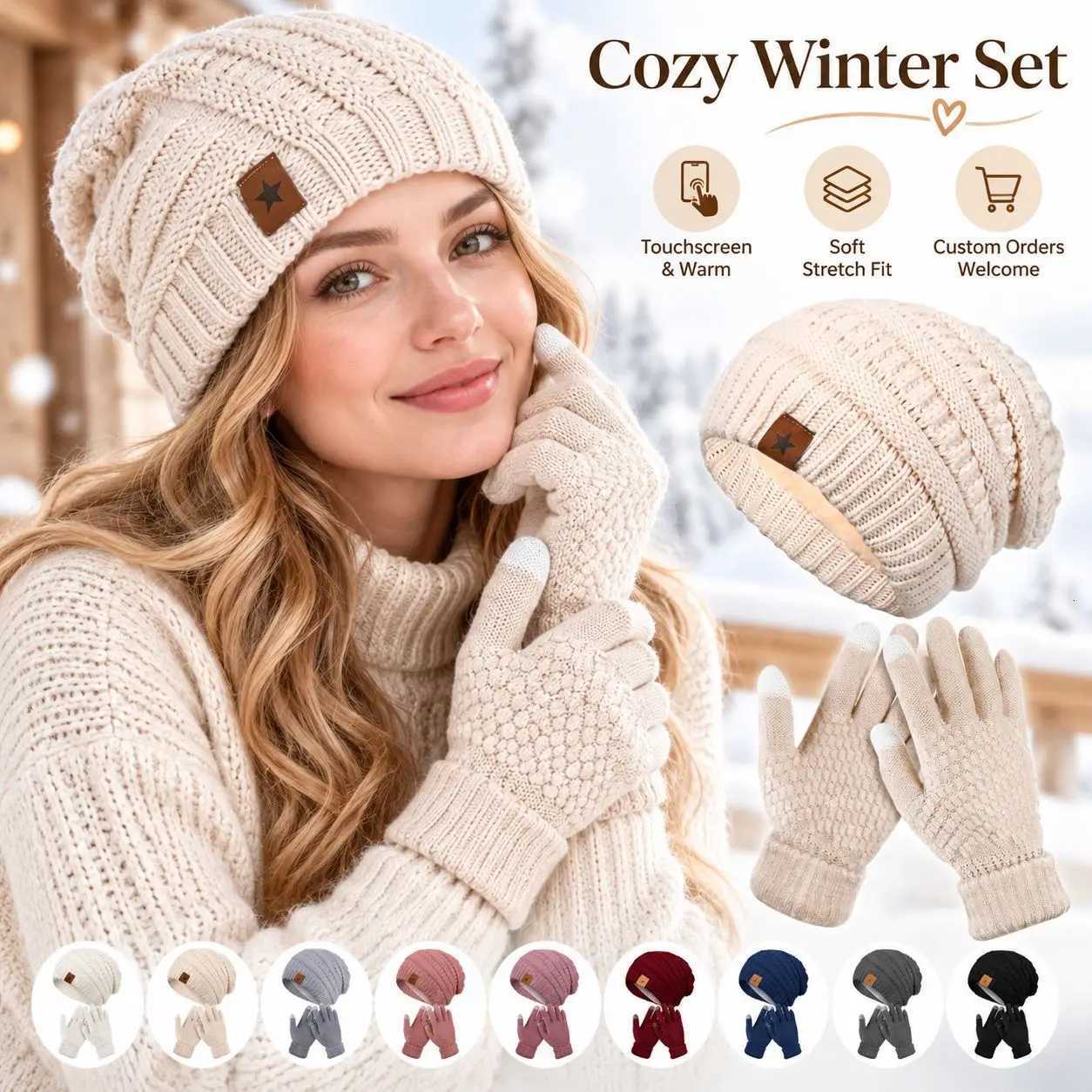 Beanie/Skull Caps 2pcs Winter Warm Velvet Hat Gloves Set Soft Crochet Beanie Add Fur Lined Knitted Hats Q261017