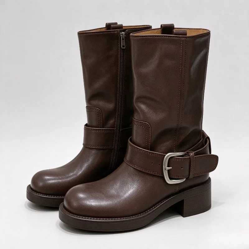 High-Quality Soft Leather Mid-Calf Boots Women Fashion Belt Buckle Detail Platform Chelsea Boots British-Style Designer Shoes Q261015