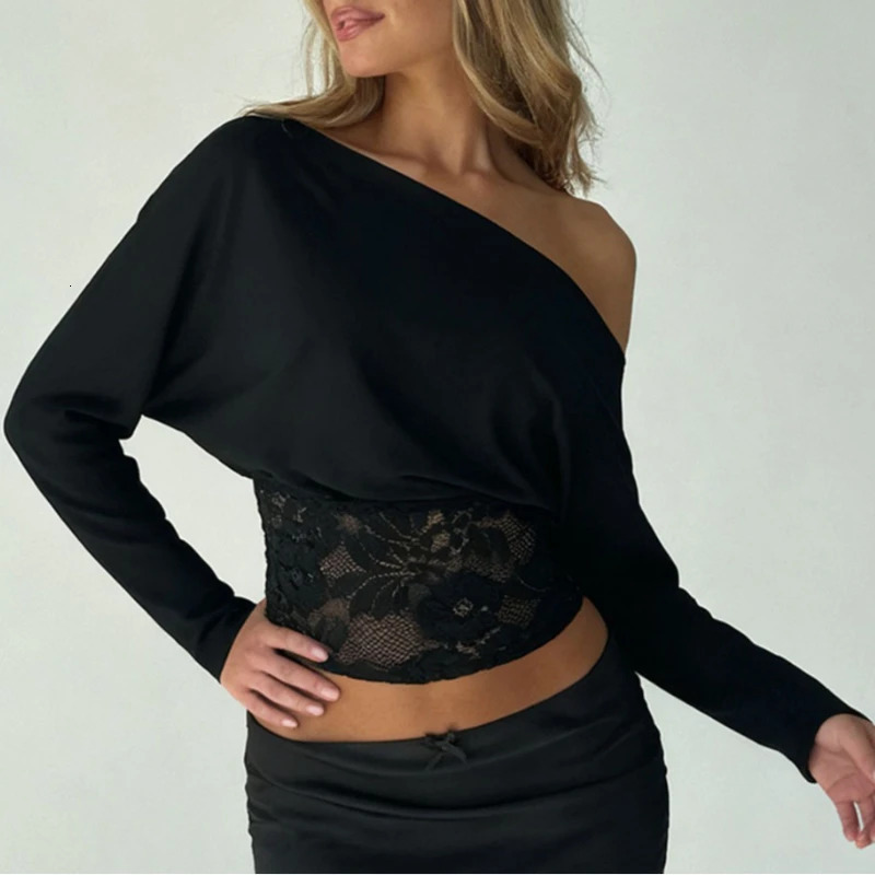 Elegant Patchwork Lace T-Shirt See Through Slim-Fitting Crew Neck Off-Shoulder Long Sleeve Tees Women 2026 Autumn Winter Fashion 261014