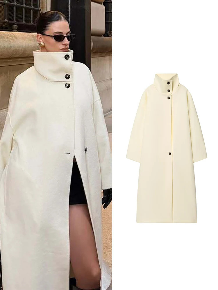 Casual Women Stand Collar Woolen Long Coat Elegant Solid Long Sleeve Single Breasted Jacket Autumn Winter Female Coats 261016