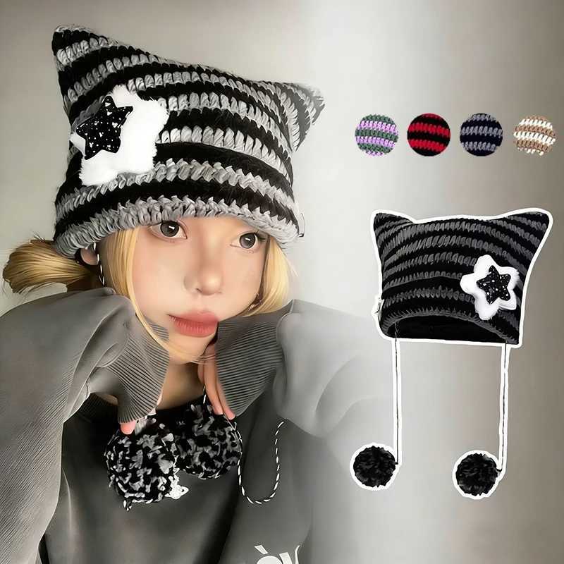 Cute Cat Ears Beanie Hat Winter Striped Korean Y2K Punk Gothic Wool Knitted Streetwear Crochet Bucket Cap S261017JN01