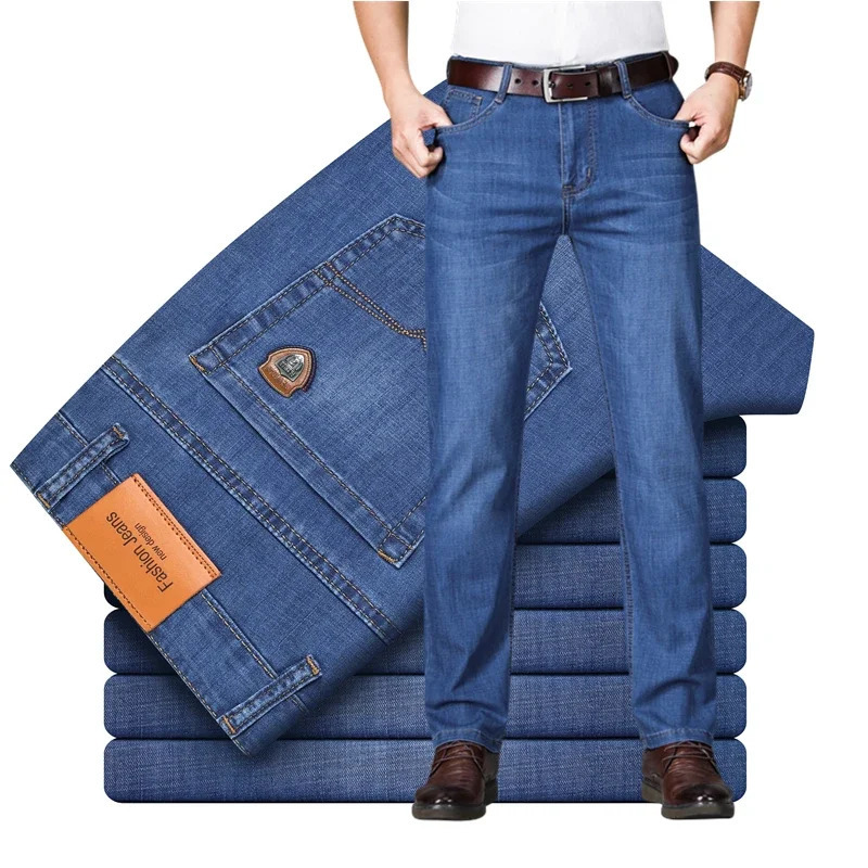 Mens Stretch Jeans Summer Thin Business Casual Pants Classic High Waist Fashion Loose Straight Light Blue Dark 261017