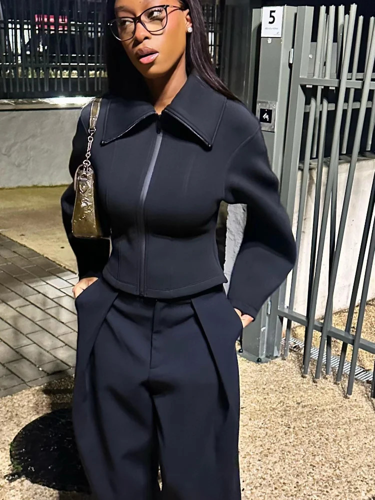 Cinched Waist Womens Jacket Coat Zipper TurnDown Collar Solid Outerwear Female Casual High Street Fashion Jacket Ladies 261016