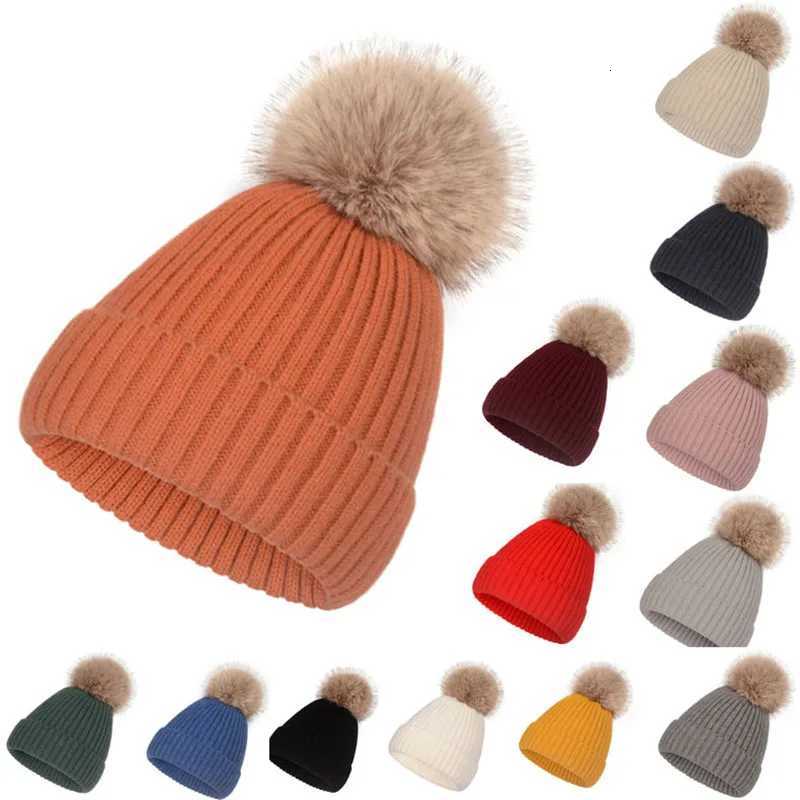 Beanie/Skull Caps Winter Warm Knit Hat for Women Casual Solid Striped Skullies Gorros Ski Hats Kids Floppy Fur Pompom Beanie Cap Q261017