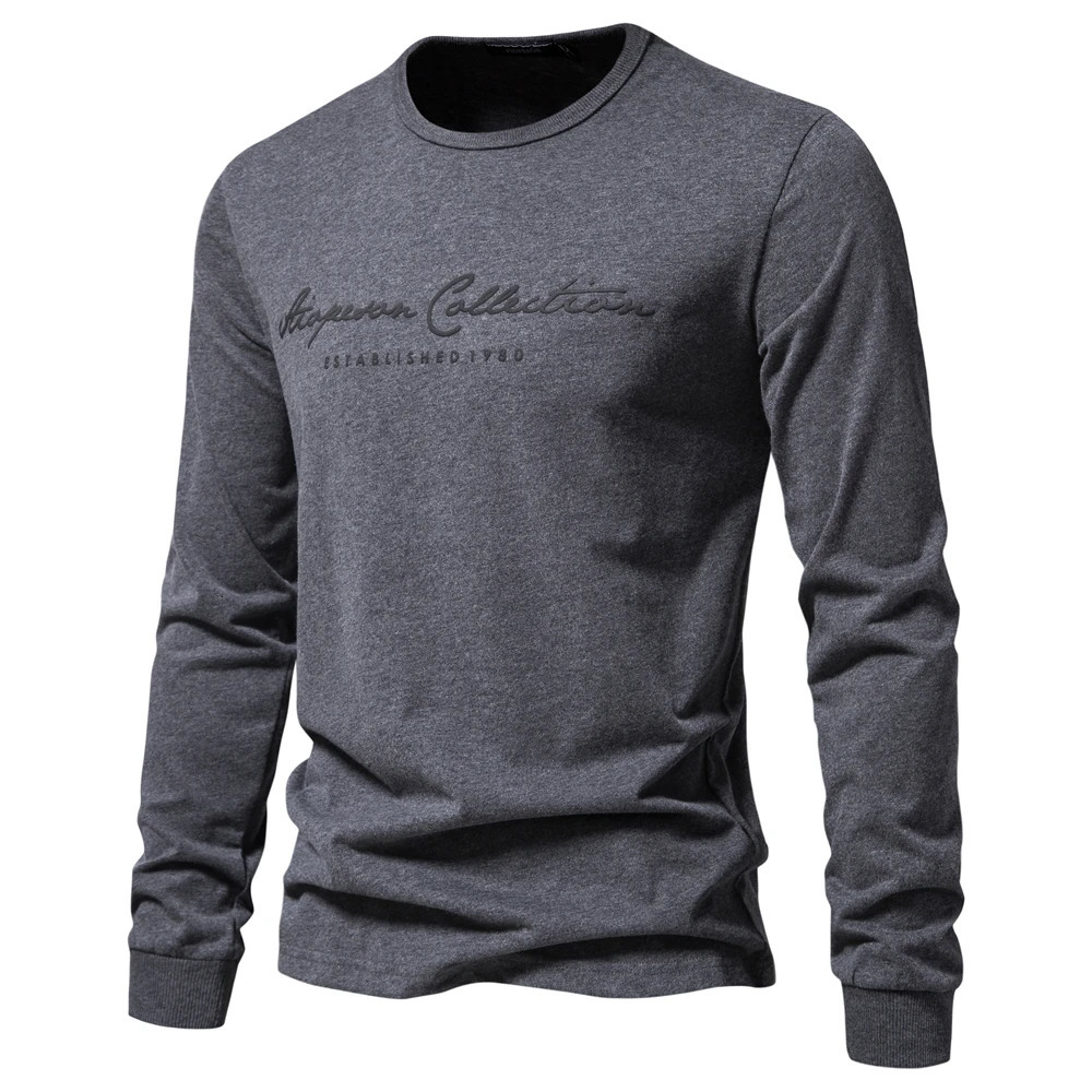 AIOPESON 100% Cotton Long Sleeve Mens Tshirt Solid Color Letter Print Casual T shirts for Men Spring Tops Tee Clothing 261016