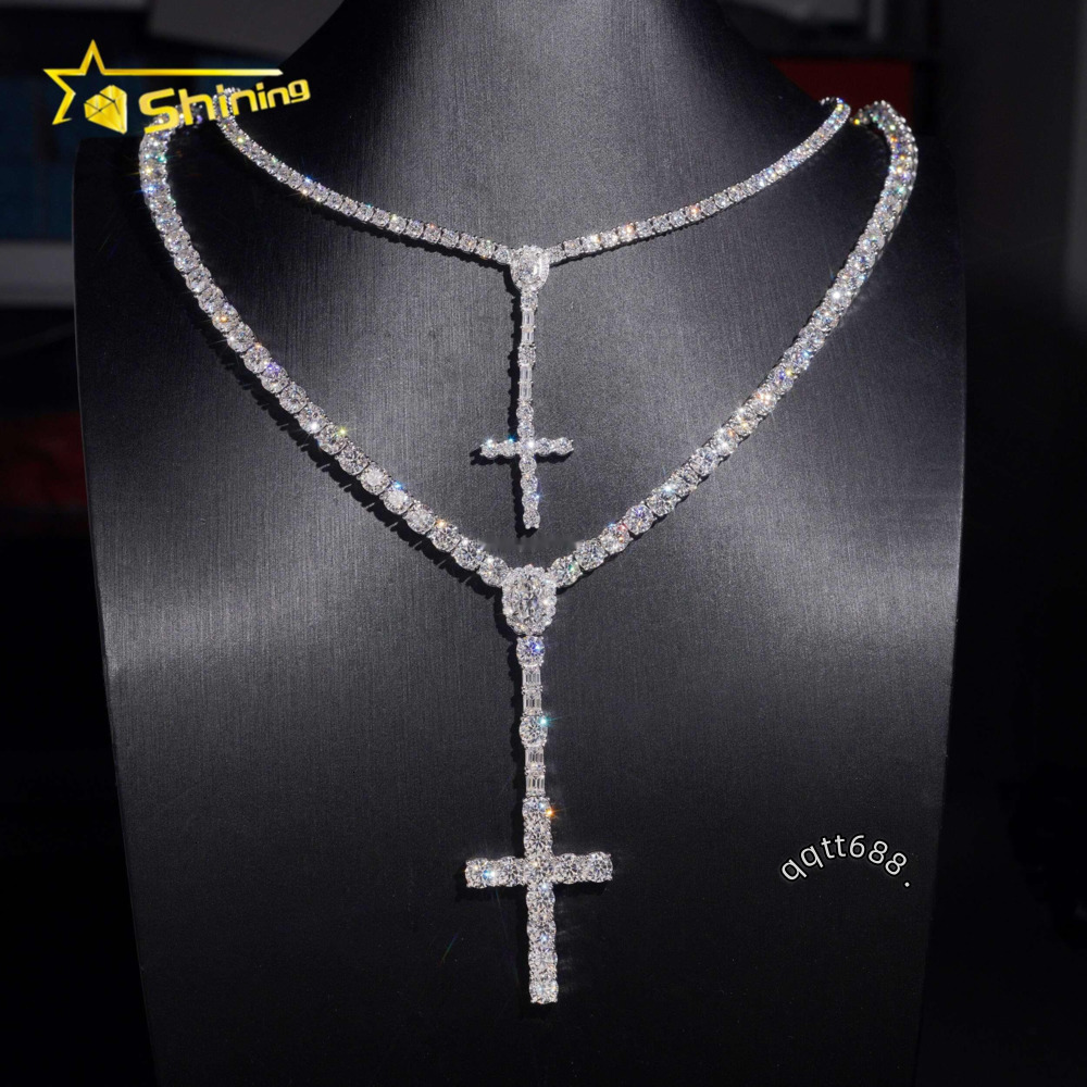 New Design Elegant Female Hip Hop Shining Jewelry 3mm 5mm VVS1 Moissanite 925 Sterling Silver Iced Out Cross Shape Tennis Chain